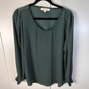 LOFT Womens Large Top Green‎ White Polka Dot Long Sleeve V Neck Blouse